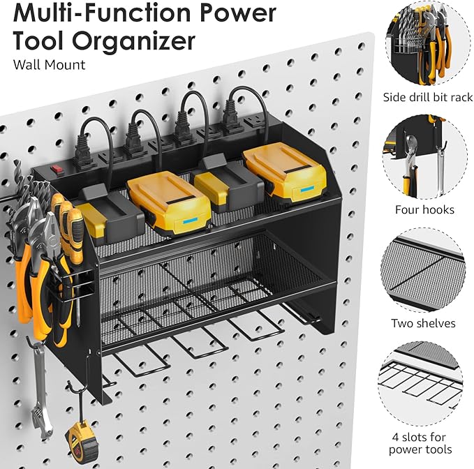 CCCEI Modular Power Tool Organizer Wall Mount with Charging Station. Garage 4 Drill Storage Shelf with Hooks, Screwdriver, Drill Bit Heavy Duty Rack, Tool Battery Holder Built in 8 Outlet Power Strip.-NeatNest