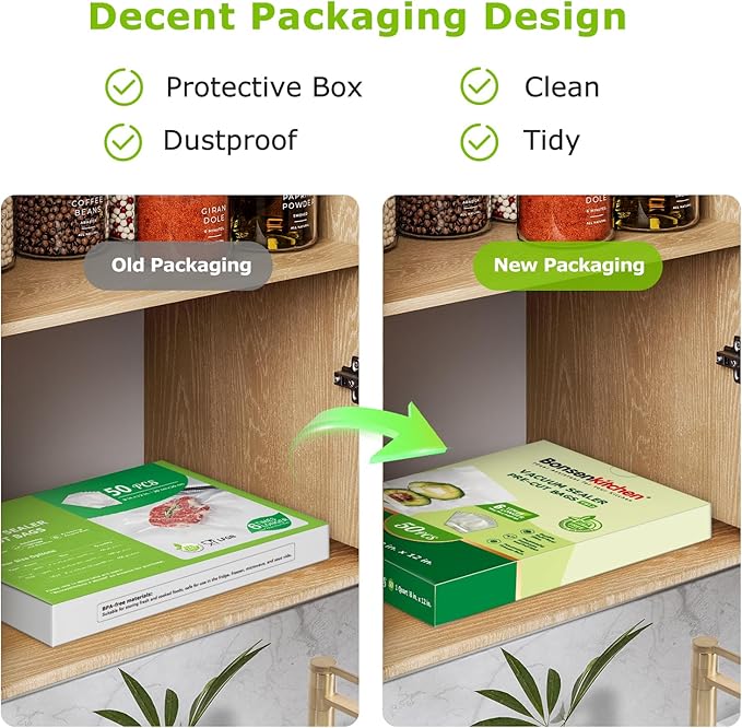 Bonsenkitchen Vacuum Sealer Bags, 50 Quart 8" x 12" Precut Food Sealer Bags, Commercial Grade, BPA Free, Heavy Duty, Customized Size Vacuum Bags for Vac Storage, Meal Prep or Sous Vide Cooking, VB12-NeatNest