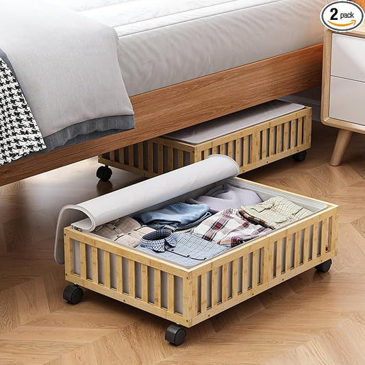 Bamboo Under Bed Storage Containers with Wheels, 2 Pack Under the Bed Shoe Storage Bins, Wood Rolling Underbed Drawers with Bag Organizer for Bedroom, Sheets Clothes Blanket Comforter, Under Crib Toy-NeatNest