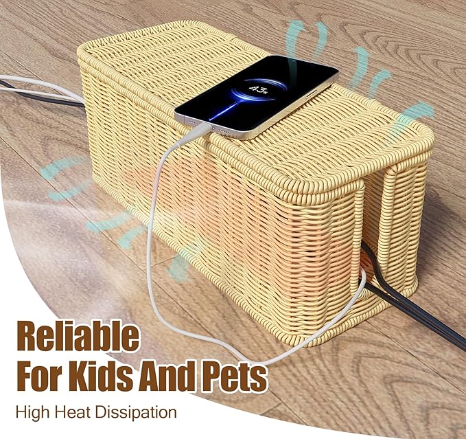 Cable Management Box,Handwoven Imitation Rattan Cord Hider Organizer Box with Lid,2 Open Slots Cable Organizer Box for Tv Computer USB Hub to Hide Power Strips & Cords-12.5" L*5.1" W-Beige