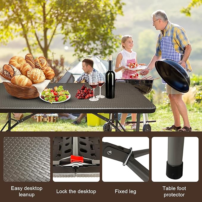 4FT Rattan Folding Table, Portable Long Picnic Camping Table for Outdoor Picnic, Rattan Patterned Mesa Multipurpose Entertaining Activities-NeatNest