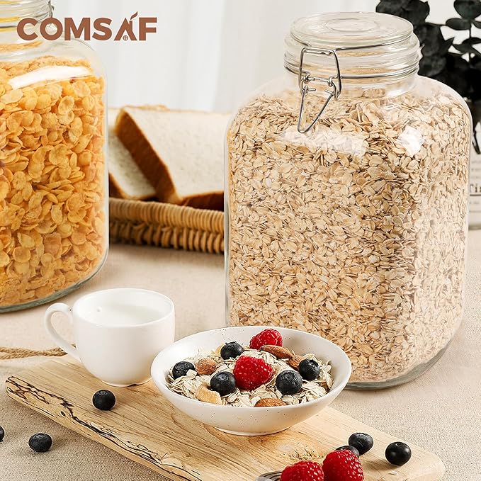 ComSaf 1 Gallon Glass Jar with Lid, Flour Sugar Storage Containers 128oz, Cereal containers storage, Glass Jars with Airtight Lid, Large Storage Containers with Lids for Pickled Egg, Herb, Set of 2-NeatNest