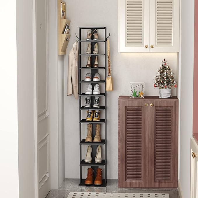 HOMEFORT 10-Tier Vertical Shoe Rack, Corner Shoe Tower, Slim Shoe Organizer with Two Hanging Hooks, Wooden Shoe Storage Stand for Entryway, Hallway, Closet (Black)-NeatNest