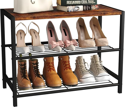 Yusong Shoe Rack Organizer, 3 Tier Industrial Shoe Storage Shelf for Closet Entryway, Narrow Sturdy Metal Shoe Shelves, Rustic Brown-NeatNest