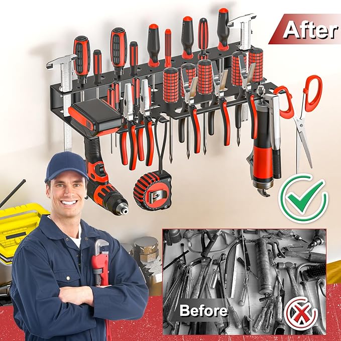 2Pcs Metal Screwdriver Organizer, Wall Mount Plier Organizer Hammer Holder, Hand Tool Storage Rack for Garage Workshop Workbench (Black, 2PCS)-NeatNest