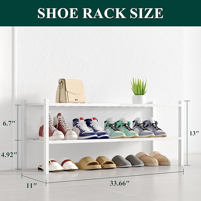 Smiry Shoe Rack, 2 Tier Long Bamboo Shoe Organizer, Stackable Free Standing Wooden Shoe Storage Shelf for Closet, Entryway, Front Door Entrance, White-NeatNest