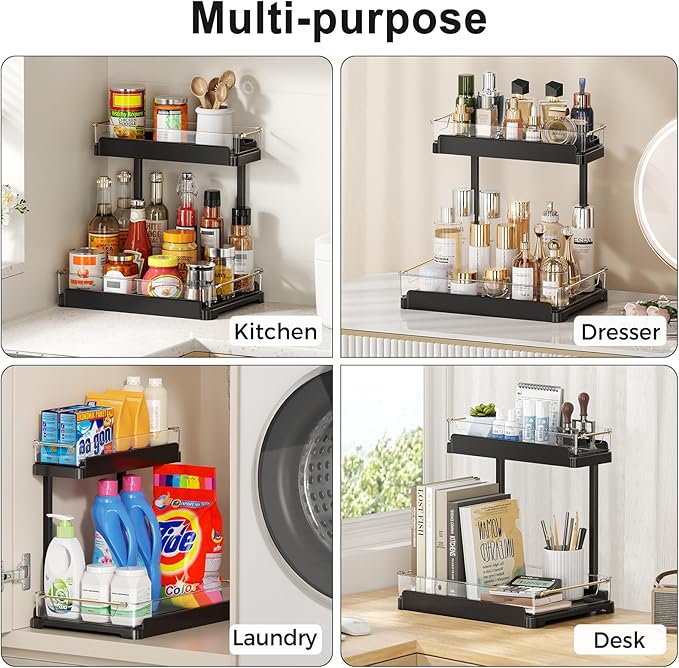 heart & home 1-Pack Under Sink Storage Organizer for Kitchen & Bathroom Cabinets with Removable Washable Tray, Tool-Free Assembly – Multi-Purpose for Kitchen Countertop, Vanity, & Laundry Room，Black-NeatNest