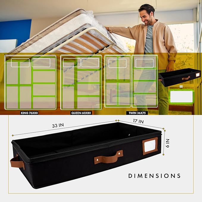 HOMELUX THEORY 2pc Under Bed Storage Containers, Bedroom Under the Bed Drawer Storage Organizer with Bins and Lids, Large Underbed Clothes Storage Box Ideal for Blanket, Fabric, & Shoes (Black)-NeatNest