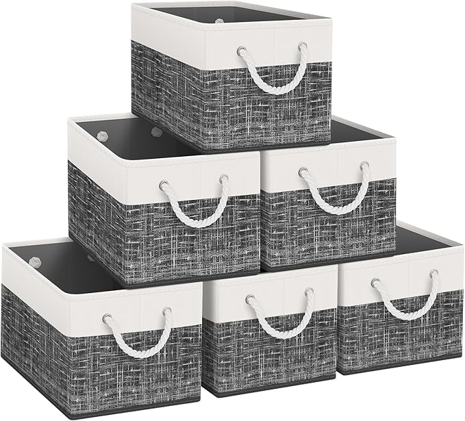 Fab totes Storage Bins [6-Pack], Foldable Storage Baskets for Organizing Toys, Books, Shelves, Closet, Large Storage Box with Rope Handles, Sturdy Organizer Bins, White & Black-NeatNest