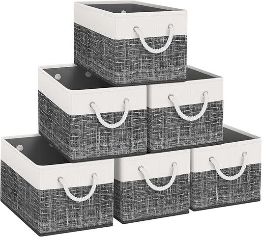 Fab totes Storage Bins [6-Pack], Foldable Storage Baskets for Organizing Toys, Books, Shelves, Closet, Large Storage Box with Rope Handles, Sturdy Organizer Bins, White & Black-NeatNest