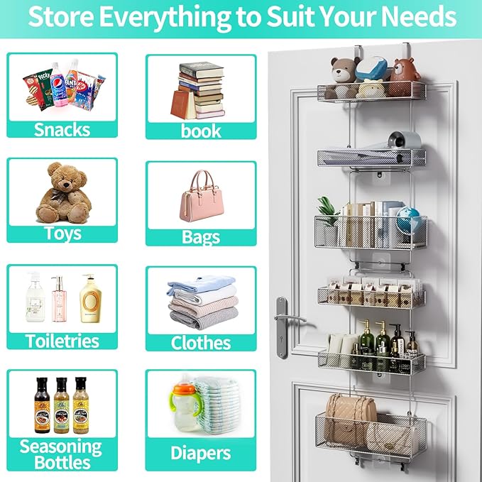 HapiRm Over Door Organizer Storage - Separable Door Organizer Hanging with 6 Metal Large Capacity Baskets for Bathroom Bedroom Kitchen Pantry Closet (Silver)