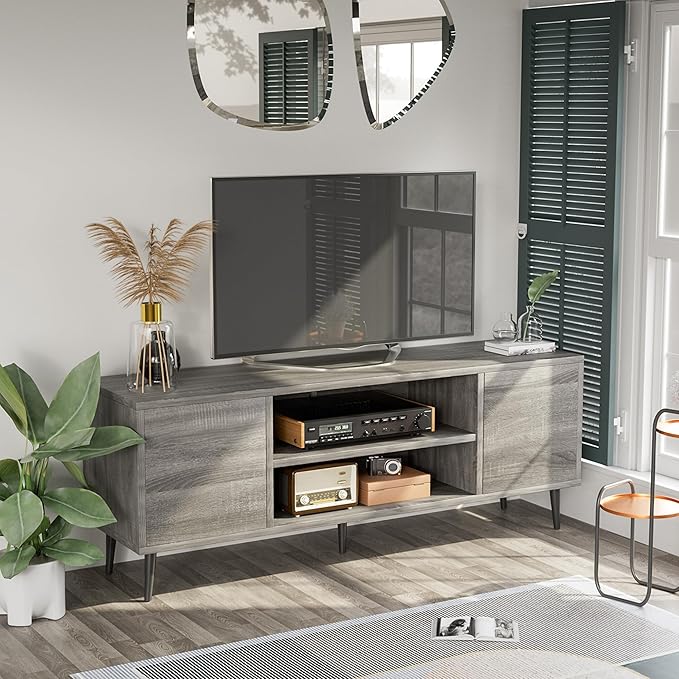 JUMMICO TV Stand for 65 Inch TV, Mid Century Modern TV Stand, Entertainment Center with Storage Cabinet and Open Shelves, TV Console Table Media Cabinet for Living Room, Bedroom and Office (Gray)-NeatNest