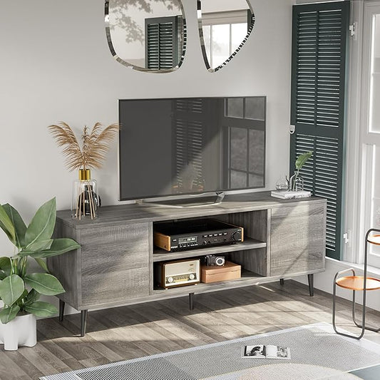 JUMMICO TV Stand for 65 Inch TV, Mid Century Modern TV Stand, Entertainment Center with Storage Cabinet and Open Shelves, TV Console Table Media Cabinet for Living Room, Bedroom and Office (Gray)-NeatNest