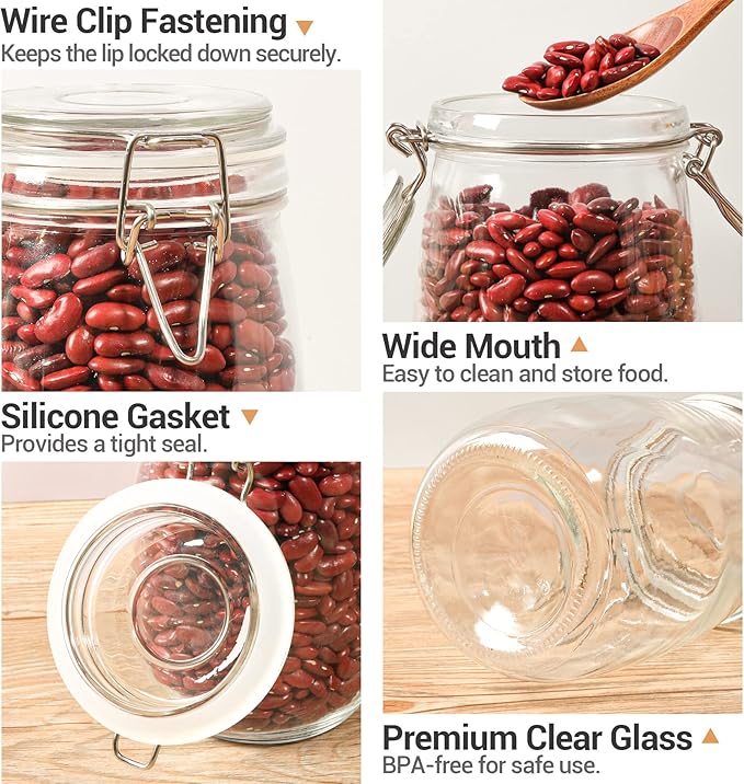 ComSaf Airtight Glass Canister Set of 3 with Lids 34oz Food Storage Jar Round - Storage Container with Clear Preserving Seal Wire Clip Fastening for Kitchen Canning Cereal,Pasta,Sugar,Beans,Spice-NeatNest