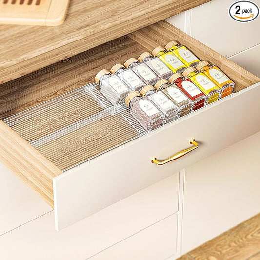 2-Tier Spice Drawer Organizer 2 Pack, Expandable from 11" to 22" Clear Acrylic Spice Rack for Drawer, Kitchen Spice Organization, Seasoning Organizer Holds Up to 24 Jars(Jars Not Included)-NeatNest