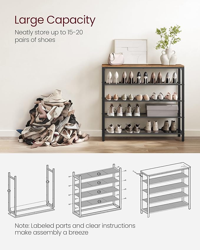 VASAGLE Shoe Rack, 5-Tier Shoe Storage Organizer with 4 Metal Mesh Shelves for 16-20 Pairs and Large Surface for Bags, for Entryway, Hallway, Closet, Industrial, Rustic Brown and Black ULBS15BX-NeatNest