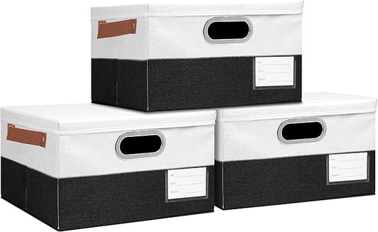 Foldable Fabric Storage Boxes with Lids, Collapsible Versatile Bins Baskets Cubes with Handles for Easy Organization in Closet, Living Room, and Bedroom (Black & White, 3PCS/11.4*8.6*6.7in)-NeatNest
