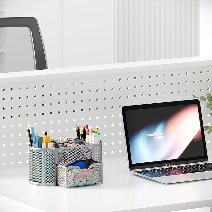 EasyPAG Mesh Desk Organizer, Multi-functional Stationery Organizer for School Supplies, Office Pen Holder for Desk, 9 Compartments Dorm Organization with Drawer, Silver