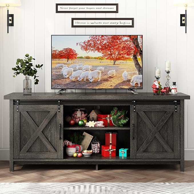 58" Farmhouse TV Stands for 55 60 70 inch TV w/Adjustable Shelves,Sliding Barn Door.Wooden Entertainment Center,TV Console Cabinet with Storage for Bedroom Living Room(Dark Grey)-NeatNest