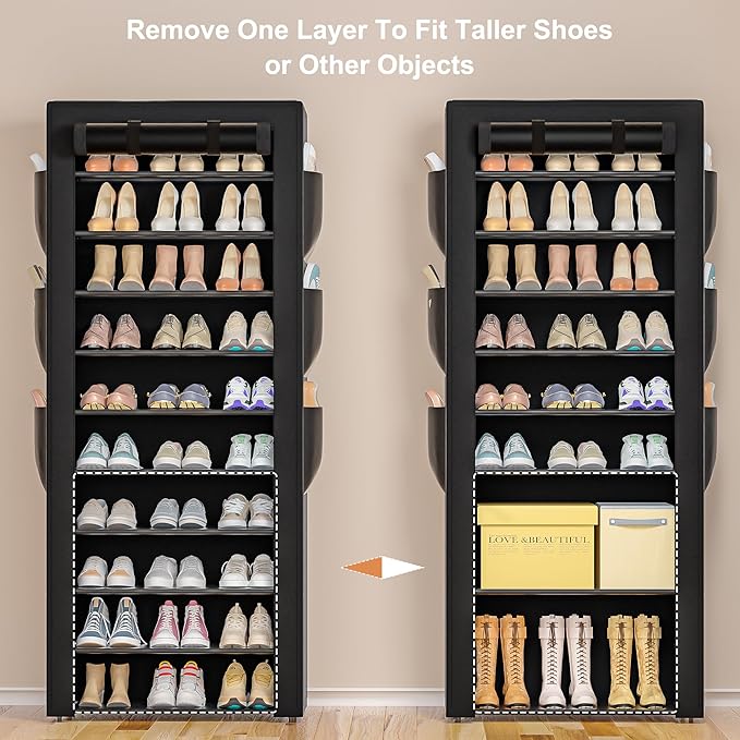 Large Shoe Rack, Black, 6 Side Pockets, 23.6" Wide x 11.4" Deep x 68.9" Tall, 36-41 Pairs of Shoes-NeatNest