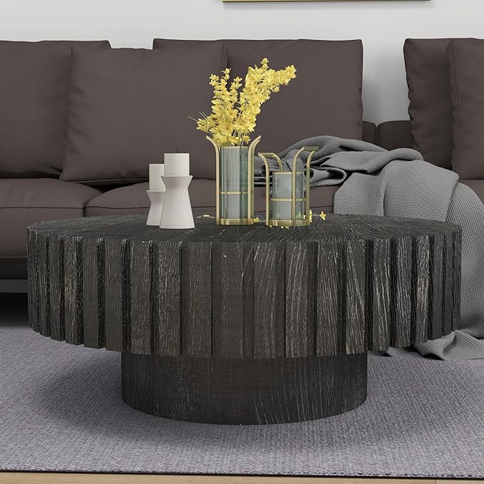 kevinplus 31.4'' Round Circle Coffee Table Modern Wood Coffee Table for Living Room, Contemporary Minimalist Fluted Drum Pedestal Style, Easy Assembly, Black