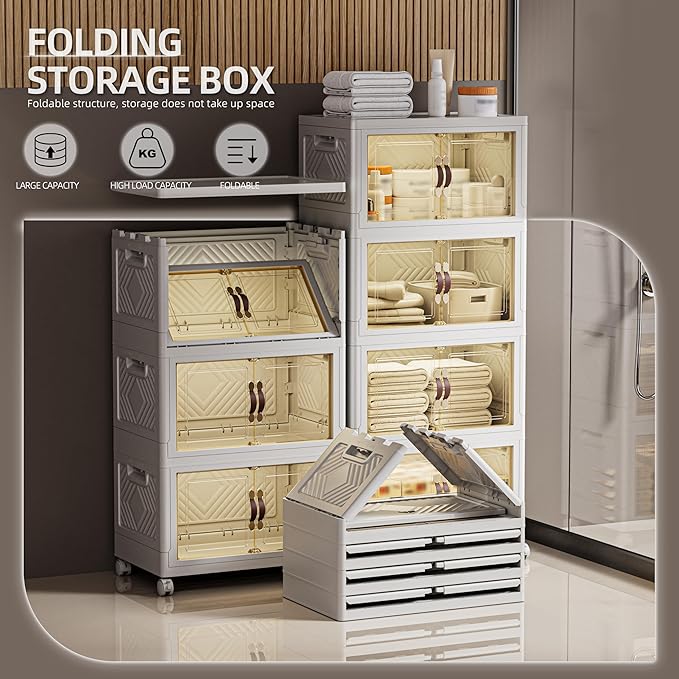 268 QT / 67 Gal White Storage Bins with 1 Lid - Collapsible Stackable Cabinet Organizer w/Wheels & Magnetic Doors, Plastic Storage Box for Office Closet Organization-NeatNest