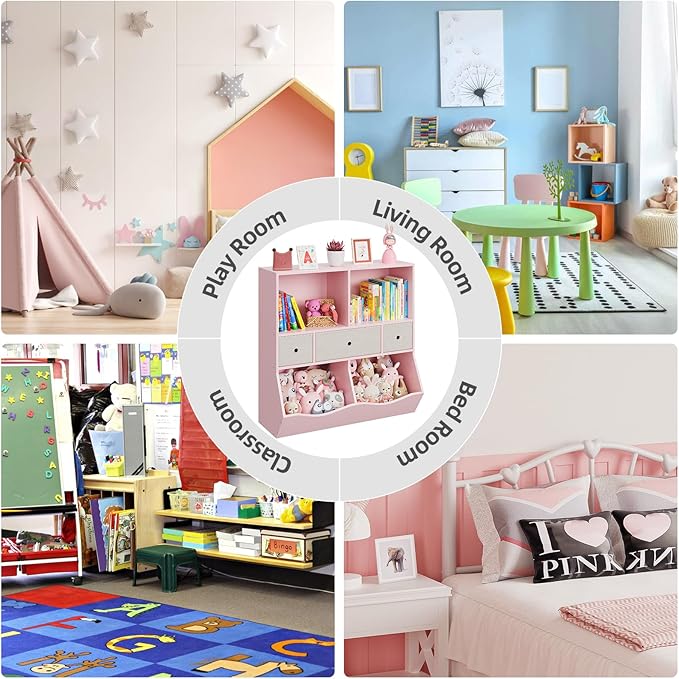 IDEALHOUSE 7-Cubby Large Kids Toy Storage Organizer, Children Wood Bookcase and Bookshelf, 3-Tier Toy Storage Cabinet with 3 Drawers for Hallway, Playroom, Living Room, School,Pink