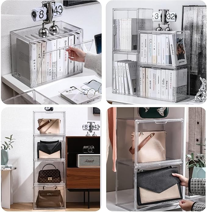 Clear Stackable Plastic Storage Bins with Magnetic Lid, Dustproof Book & Cosmetic Display Cases, Large Figures Collectibles Showcase, Shoe Box, Protection Organizer (Transparent, L-1 Pack)-NeatNest