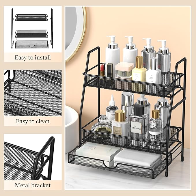 2-Tier Bathroom Organizers and Storage with Drawer, Bathroom and Makeup Organizer Countertop, Easy to Install, Ideal for Bathroom Storage, Vanity, Large Skincare, Perfume, Present, and More,Black