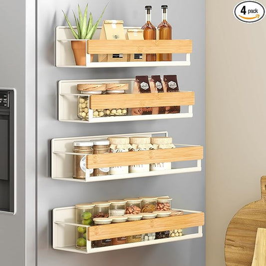 SONGMICS Magnetic Spice Rack for Refrigerator, 4 Pack, 2 Large and 2 Small Kitchen Magnetic Shelves for Washing Machine, Spice Organizers, No Drilling Needed, Cream White and Light Bamboo UKCS062WD01