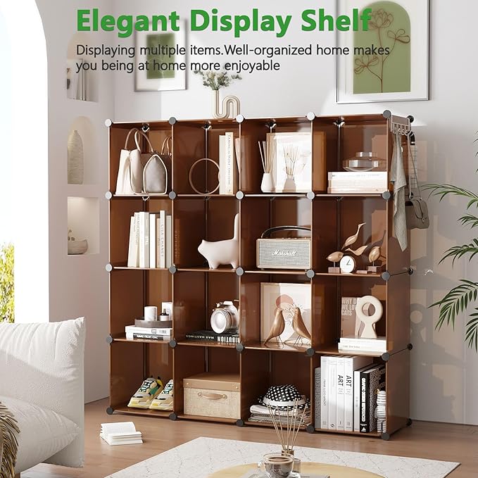 C&AHOME 16-Cube Storage Organizer, Plastic Shelves Units, DIY Closet Organizer, Modular Shelves Ideal for Home, Bedroom, 48.4" L 12.4" W 48.4" H Brown UPCS16C