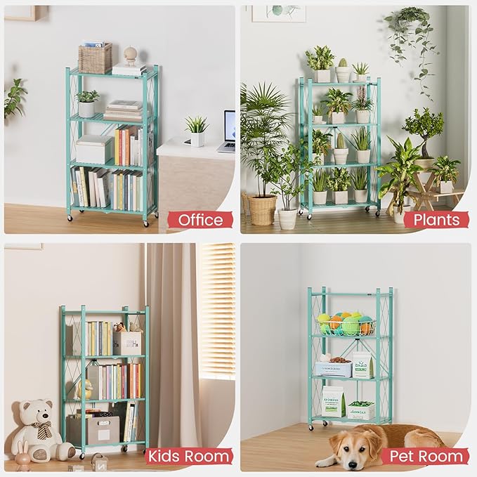 ALANNG 2-Pack Folding Bookshelf on Wheels, Cute Rolling Shelves for Bedroom, Colorful Storage Cart for Kids Rooms, Nursery, No Assembly Metal Book Shelf (4 Tier, Mint Green)