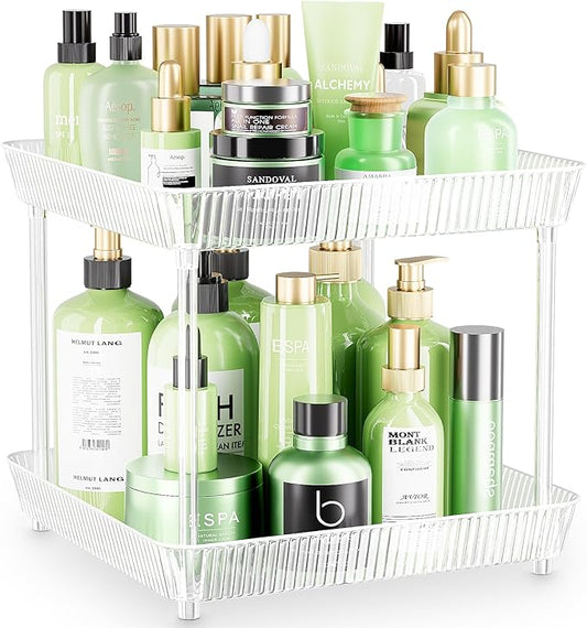 2 Tier Lazy Susan Bathroom Countertop Organizer, 360° Clear Rotating Square Storage Tray, Cosmetics and Perfume Organizer, Spinning Storage Tray Vanity Organizer Shelf for Bathroom Cabinet, Kitchen-NeatNest