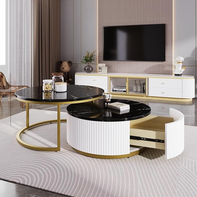 27.6" Lift-Top Nesting Coffee Table Set of 2, Modern Round Coffee Table with Drawer, Circular Wood Center Table Set for Living Room, Apartment, Black & Gold