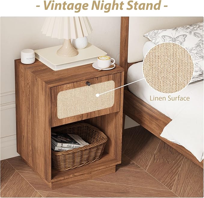 16" Wooden Night Stand with Drawer and Open Shelf, Mid Century Wooden Bed Side Table with Storage, Linen Decor Small End Table for Bedroom, Home Office, Living Room (Walnut)