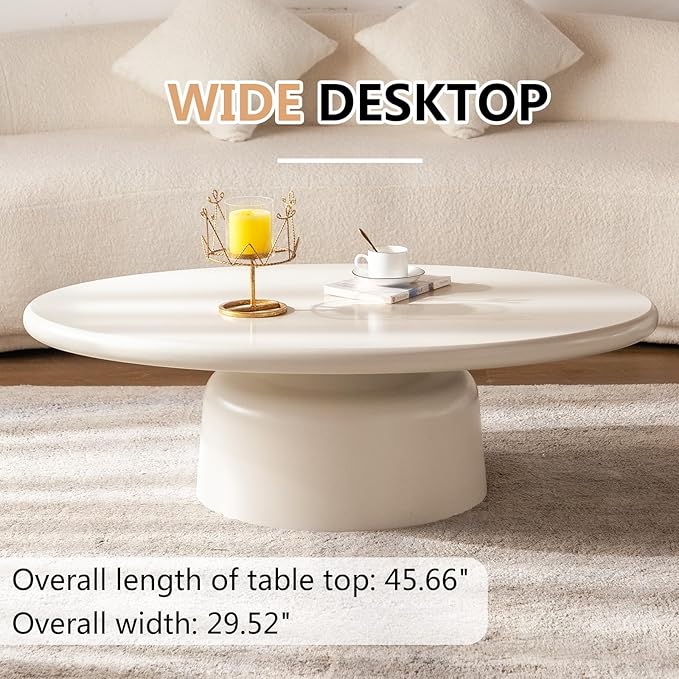 Creamy White Oval Coffee Table 45.6" Cute Corner Center Tables with Sturdy Pedesta Modern Wood Tea Table Low Floor Tables for Living Room Bedroom Easy Assembly,Oval Table-NeatNest