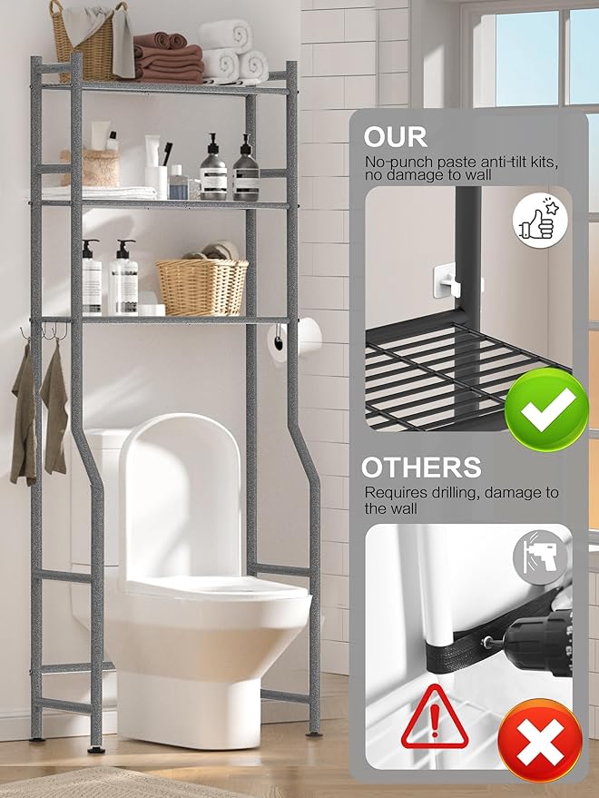 3 Tier Over The Toilet Storage Rack with 2 Basket, Metal Freestanding Bathroom Shelves Toilet with Paper Holder and 4 Hooks, Over Toilet Storage Shelf for Bathroom Storage, Snow Black-NeatNest