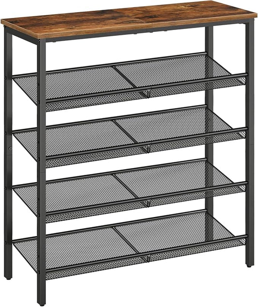 HOOBRO Shoe Rack for Entryway, 5-Tier Shoe Organizer with Adjustable Mesh Shelves, 16-20 Pairs of Shoes, Spacious Floor Mount, Metal, Industrial, Shoe Shelf for Closet, Rustic Brown BF12XJ01-NeatNest