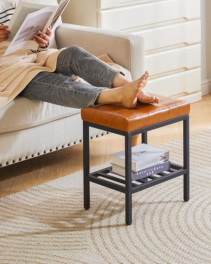 IBUYKE Rectangular Makeup Stool with Adjustable Feet and Storage Space, Footrest Chair, PU Vanity Seat, Multi-Use as Small Side Table or Ottoman, for Bedroom, Light Brown WBD017J