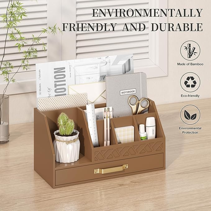 Bamboo Desk Organizer with Drawers, Mail Organizer Countertop Wood Desk Drawer Tabletop Storage Organization Pen Holder Letter Sorter Makeup Organizer for School Home Office (Brown)-NeatNest