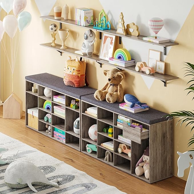 DINZI LVJ Shoe Bench, Entryway Storage Bench with Drawer and 15 Cubbies, Cubby Shoe Rack with Adjustable Shelves, Shoe Organizer Cabinet for Living Room, Bedroom, Mudroom, Closet and Garage, Greige-NeatNest