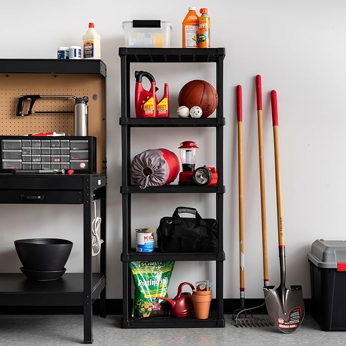 IRIS USA 5-Shelf Light Duty Plastic Storage Shelves, 250lb Capacity, 64"H x 24"W x 12"D, Medium Modular Shelving Unit Storage Organizer for Bathroom, Laundry, Garage & Home, Storage Rack - Black