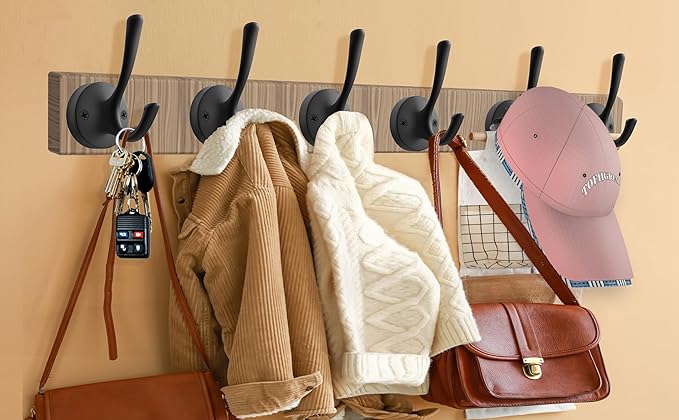 Black Wall Hooks, 6 Pack Coat Towel Hook Heavy Duty Metal Double Bath Robe Hook Wall Mounted, Hat Hooks for Cubicle Bathroom Kitchen Closet Garage-NeatNest