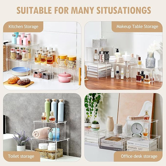 Clear Acrylic Cabinet Organizer Shelf, Set of 2 Spice Rack Organizer for Kitchen, Countertop Desk Organizers Display Riser Shelves, Stackable Kitchen Cabinet Shelf, Pantry Storage-NeatNest