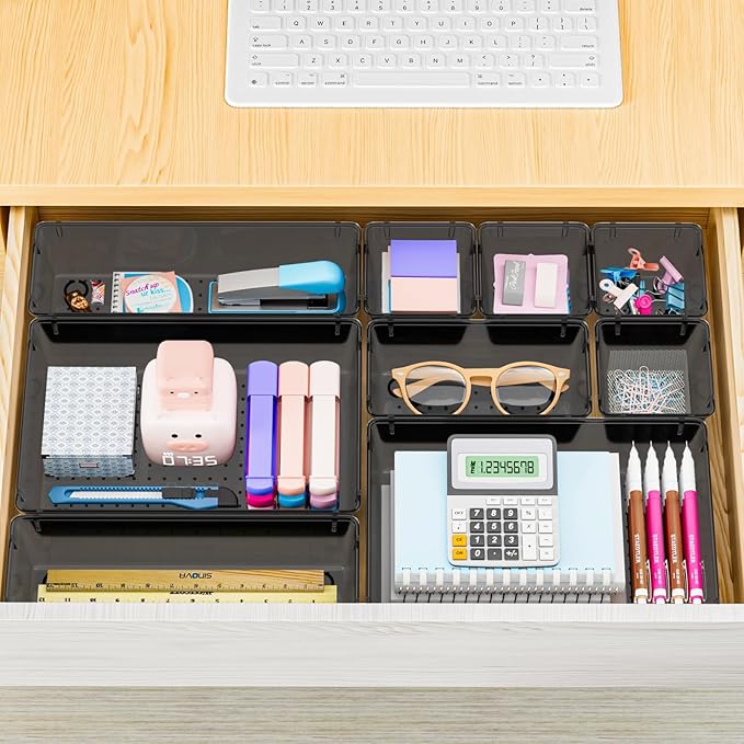 25 PCS Plastic Drawer Organizer Set, 4-Size Versatile Organizer Trays & storage Bins for Makeup, Jewelry, and Gadgets in Bathroom, Bedroom and Office,Clear Black-NeatNest