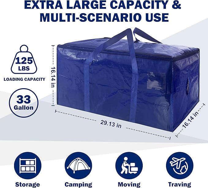 12 Pack Extra Heavy Duty Large Moving Bags with Strong Zipper & Carrying Handles, Sturdy Clothes Storage Bag Totes Bins, Packing Bags Moving Boxes College Moving Supplies, Dark Blue - 33 gal-NeatNest
