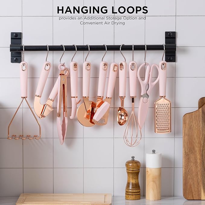 COOK WITH COLOR Kitchen Gadget Set Copper Plated Stainless Steel Utensils with Soft Touch Handles, Copper Pink, 10 Pieces-NeatNest