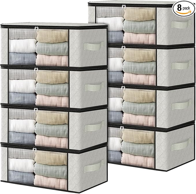 HomeHacks Storage 8-Pack Clothes Organizer Storage Bags Foldable Storage Box with Large Clear Window Sturdy Handles for Closet, Dorm, Pillows, Bedding, Clothes, Blankets, 35L, Ivory-NeatNest