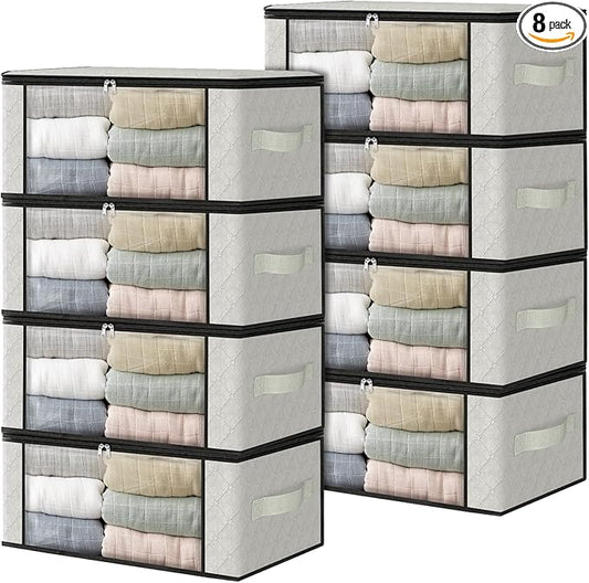 HomeHacks Storage 8-Pack Clothes Organizer Storage Bags Foldable Storage Box with Large Clear Window Sturdy Handles for Closet, Dorm, Pillows, Bedding, Clothes, Blankets, 35L, Ivory-NeatNest