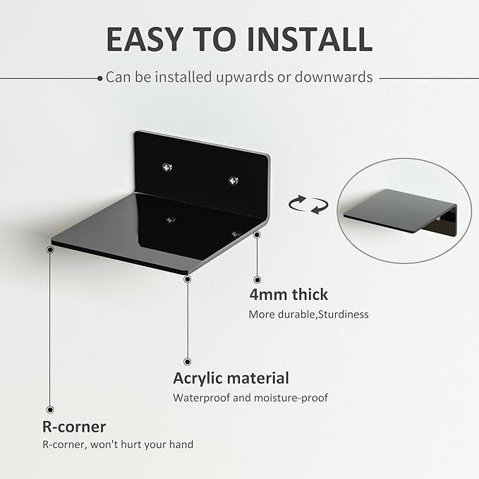 6 Inches Small Black Wall Shelves, Moisture-Proof, Space Saver, Wall Mounted Display Shelf Rack for Bedroom, Living Room, Kitchen, Dining Room, Bathroom, 4 Pack-NeatNest